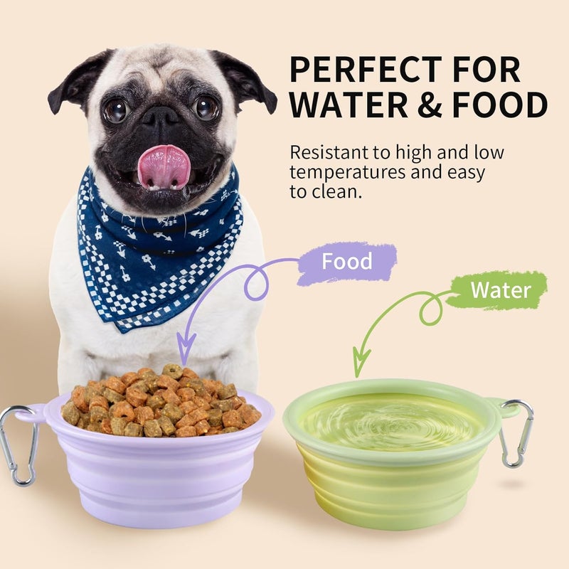 TECOPH Collapsible Dog Bowls 2-Pack, Portable Travel Dog Bowl with Carabiner, Food-Grade Silicone Pet Bowl for Hiking, Walking(Macaron Violet and Green) - Image 3